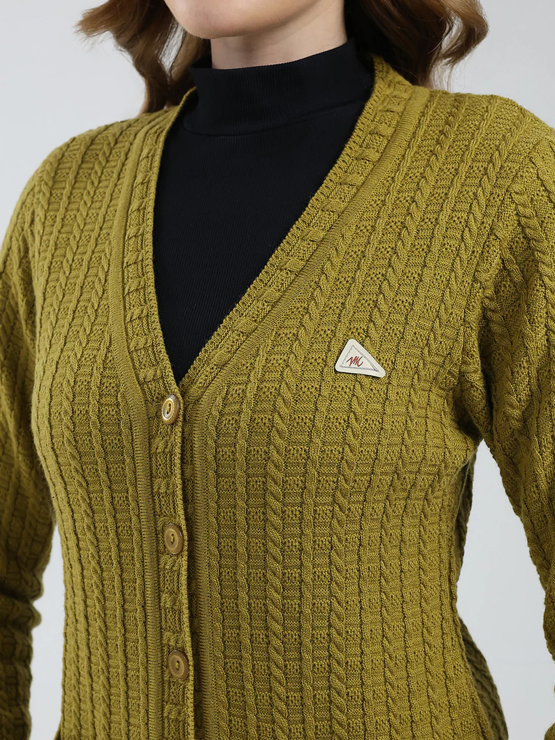 Women Mustard Self Design V Neck Full Sleeve Cardigan - Image 7