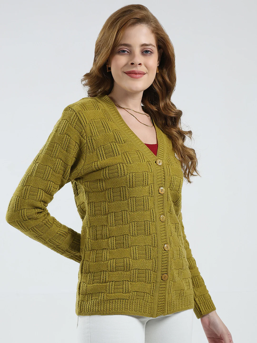 Women Mustard Self Design V Neck Full Sleeve Cardigan - Image 4