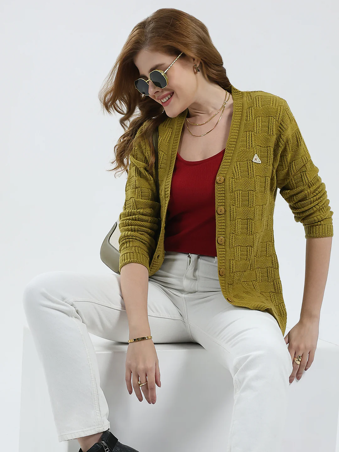 Women Mustard Self Design V Neck Full Sleeve Cardigan - Image 6