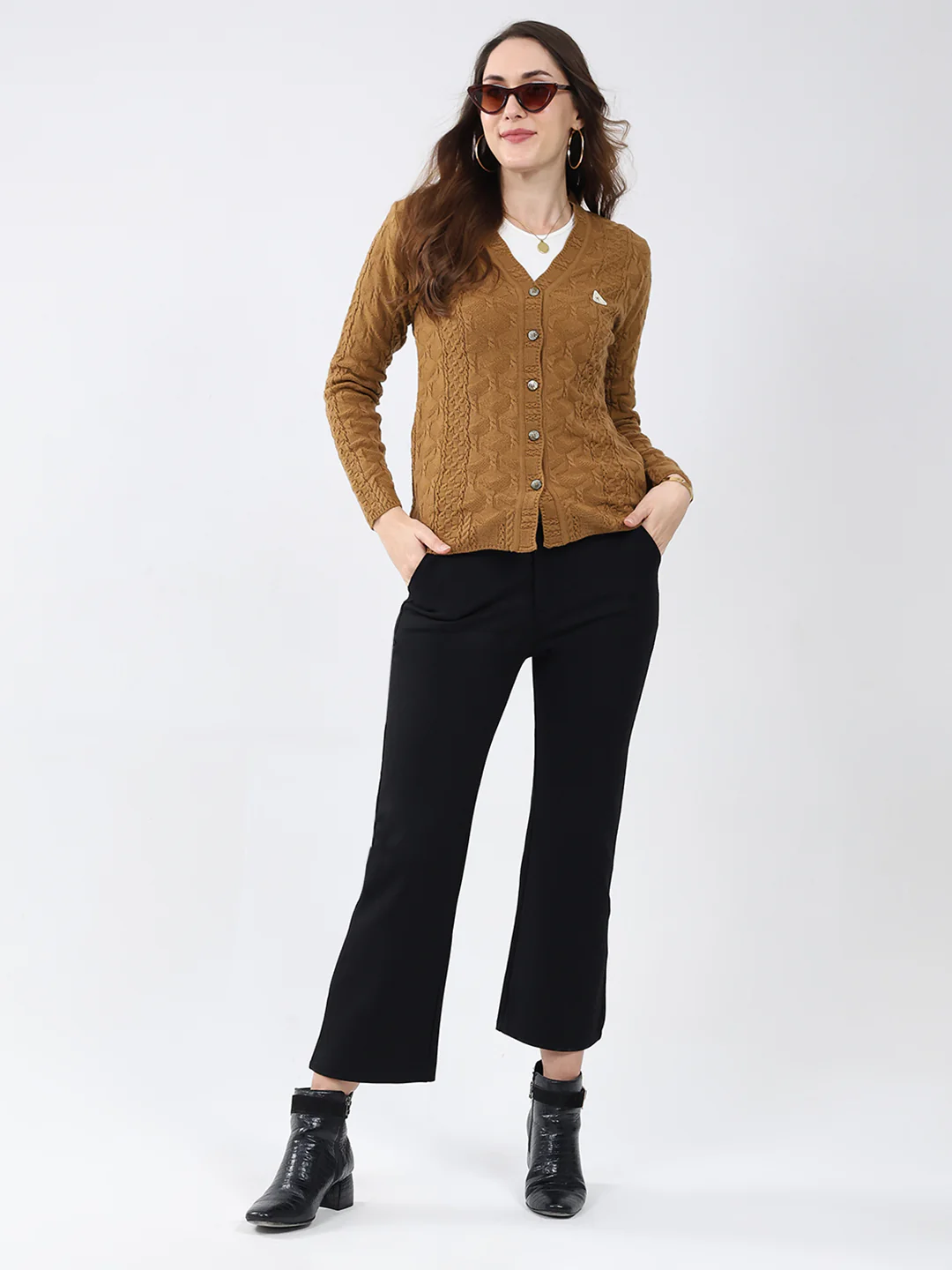 Women Mustard Self Design V Neck Full Sleeve Cardigan - Image 2