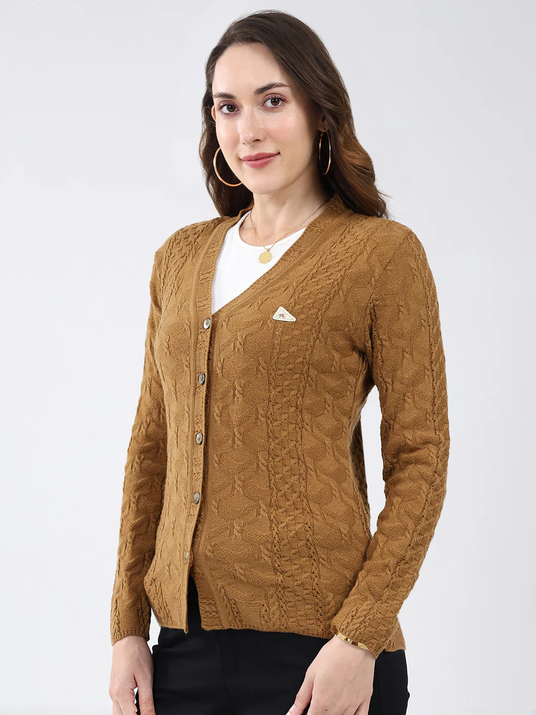 Women Mustard Self Design V Neck Full Sleeve Cardigan - Image 3