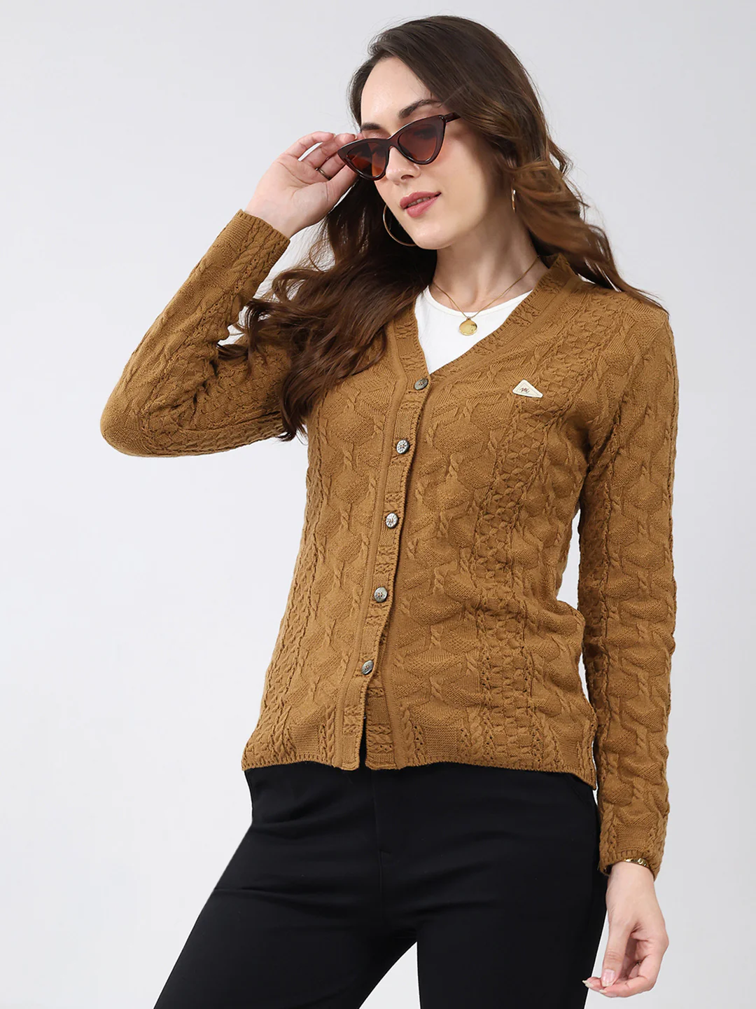 Women Mustard Self Design V Neck Full Sleeve Cardigan - Image 6