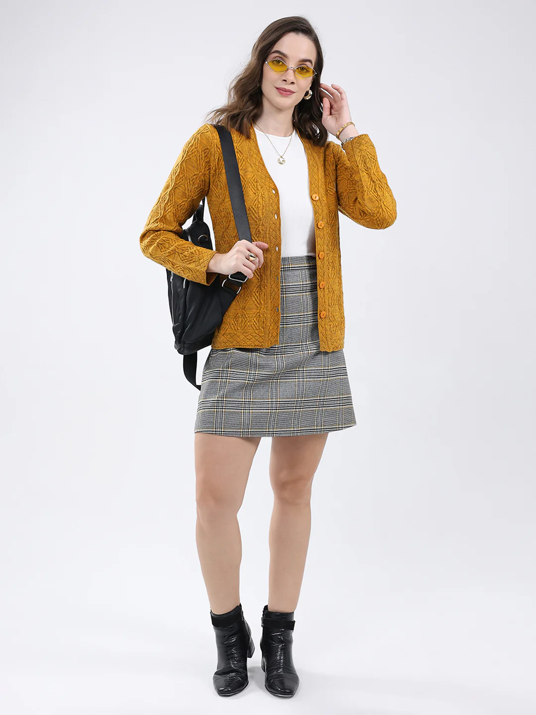 Women Mustard Self Design V Neck Full Sleeve Cardigan - Image 2
