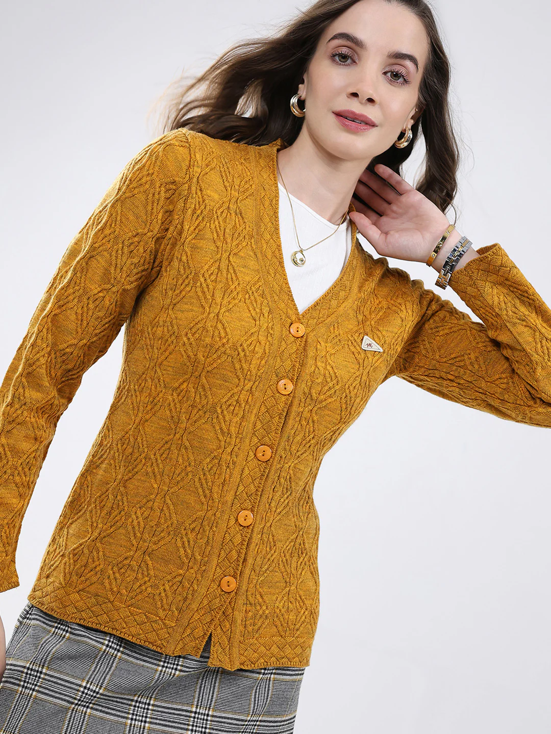 Women Mustard Self Design V Neck Full Sleeve Cardigan - Image 7