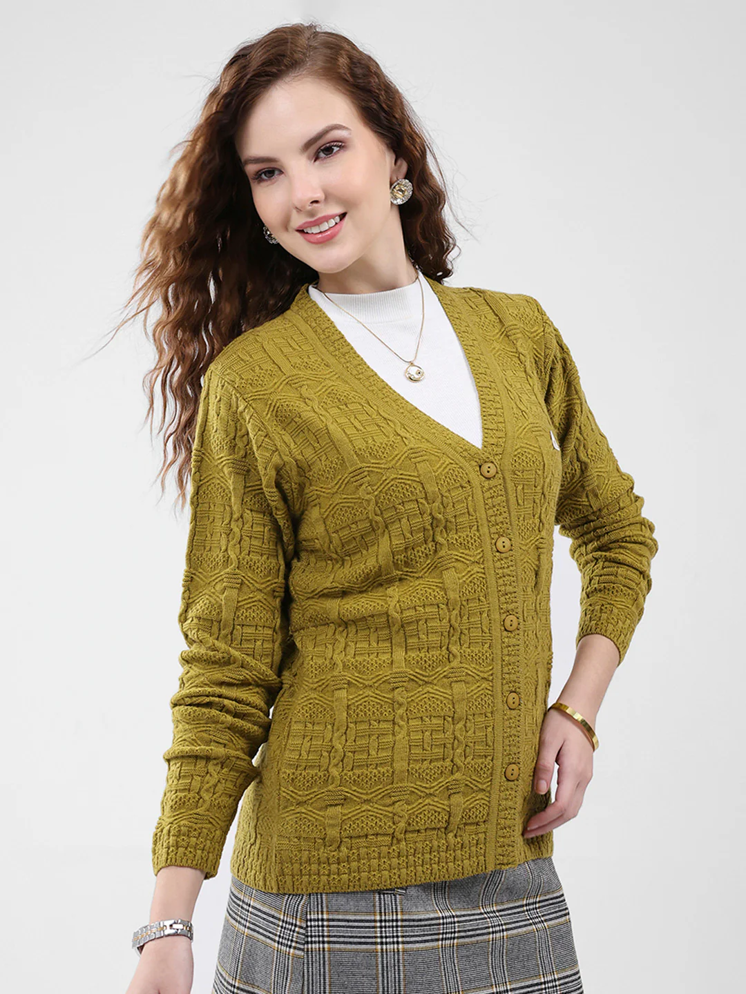 Women Mustard Self Design V Neck Full Sleeve Cardigan - Image 4