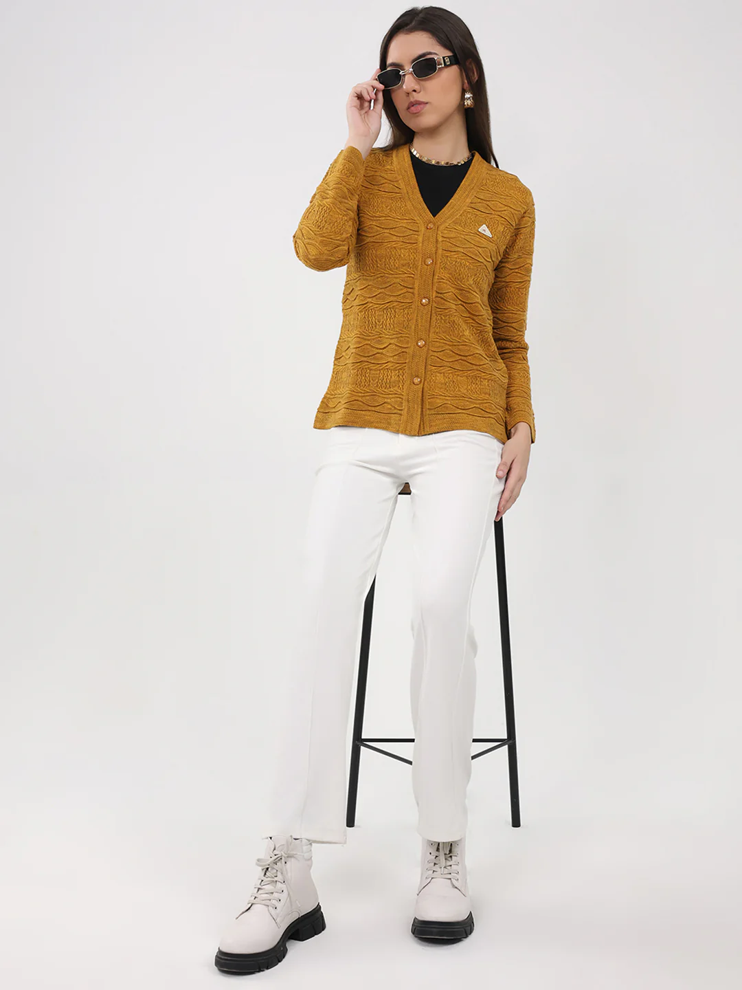 Women Mustard Self Design V Neck Full Sleeve Cardigan - Image 2