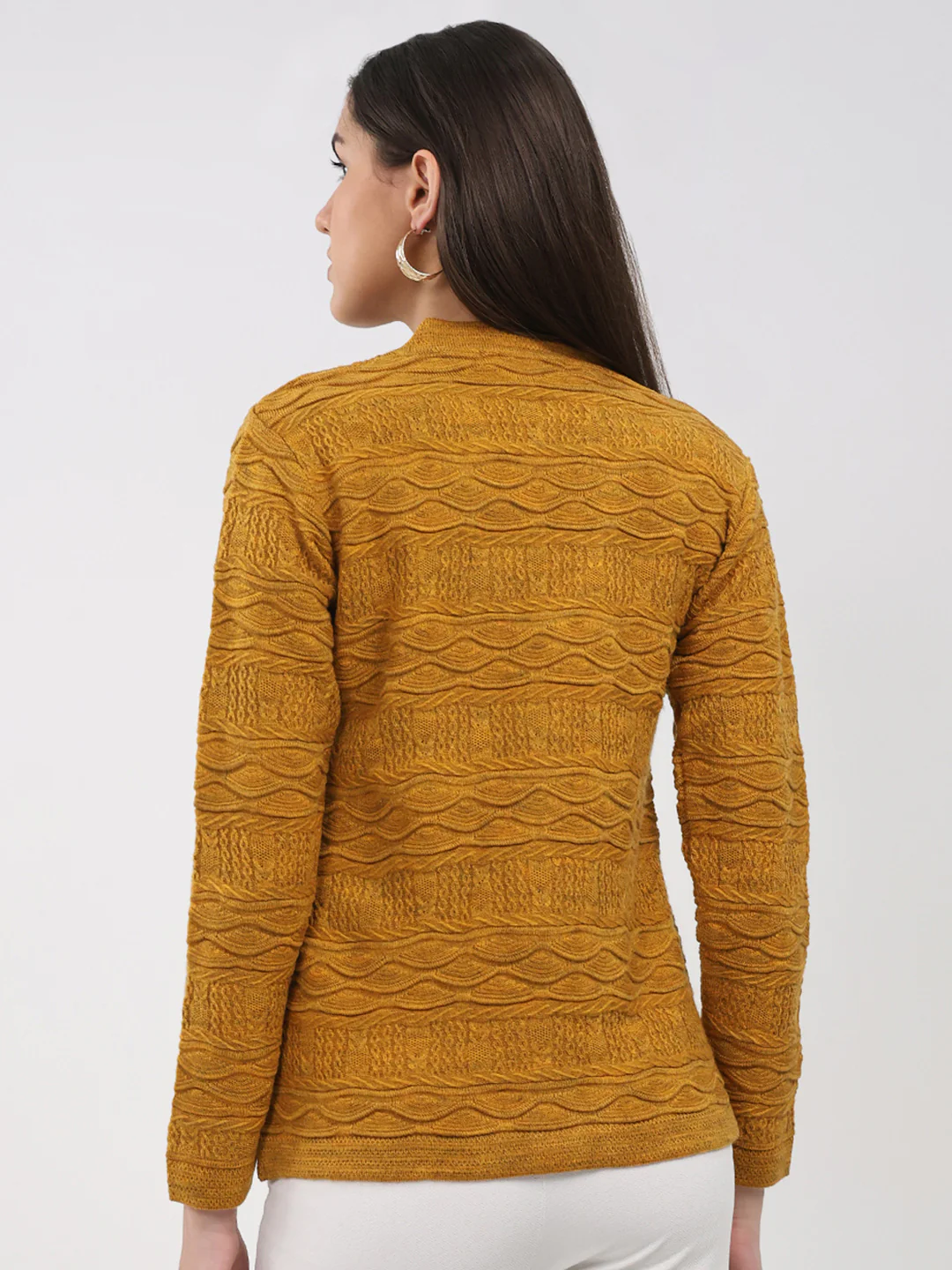 Women Mustard Self Design V Neck Full Sleeve Cardigan - Image 5
