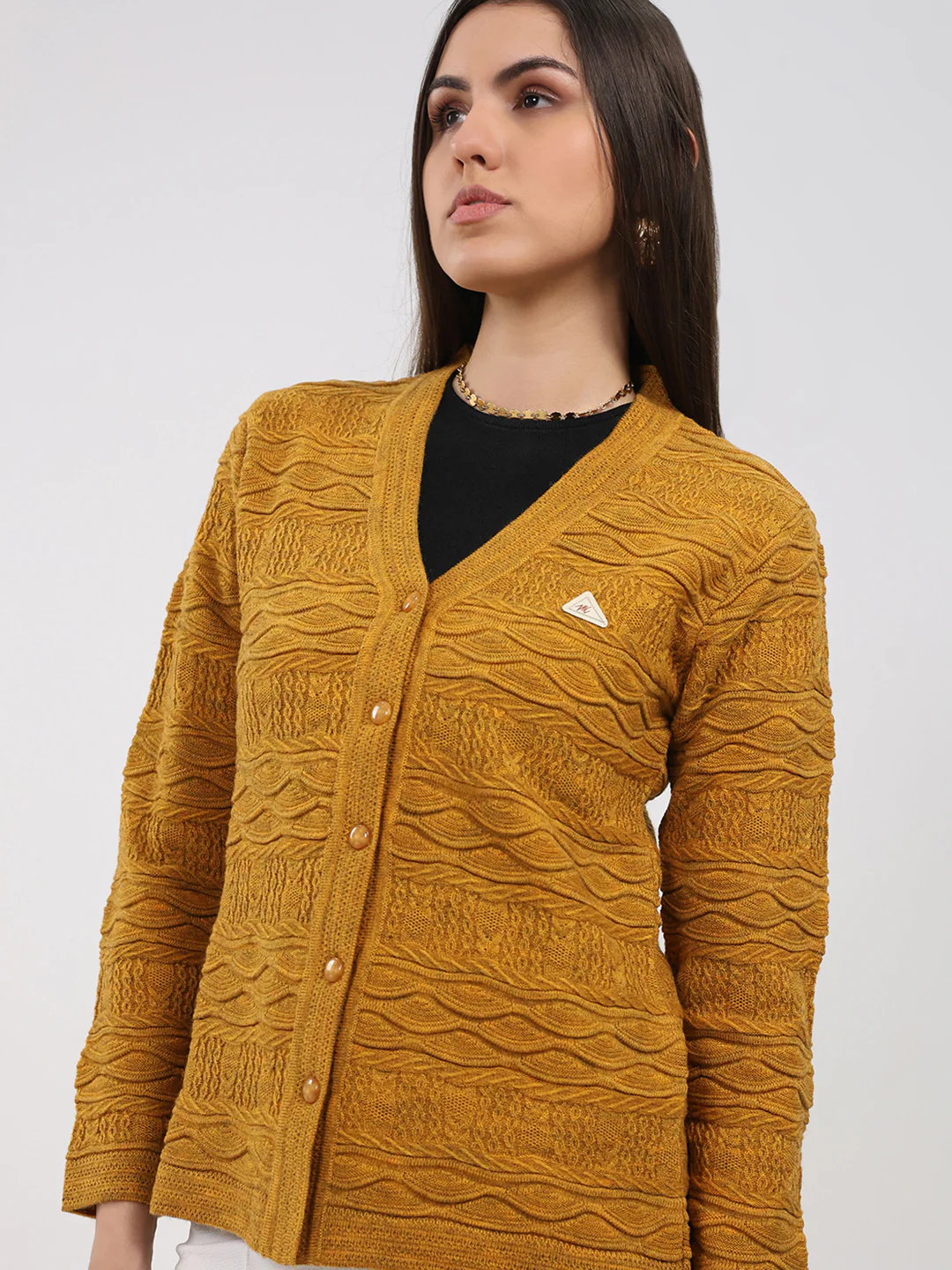 Women Mustard Self Design V Neck Full Sleeve Cardigan - Image 6
