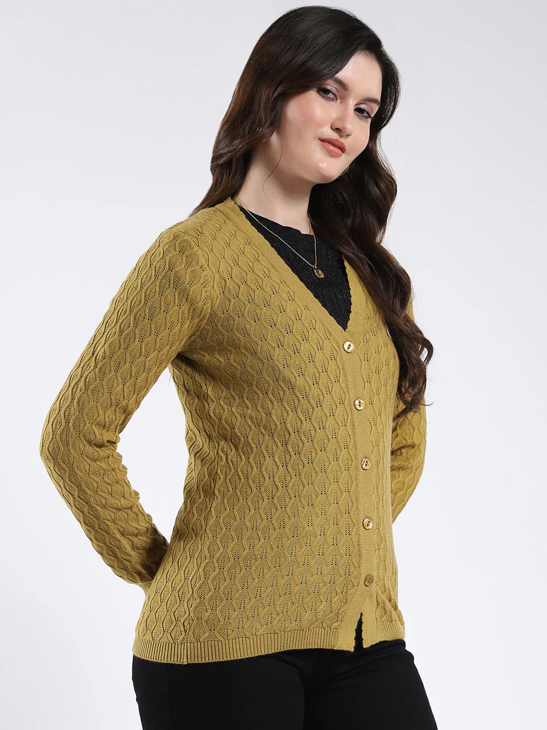 Women Mustard Self Design V Neck Full Sleeve Cardigan - Image 4