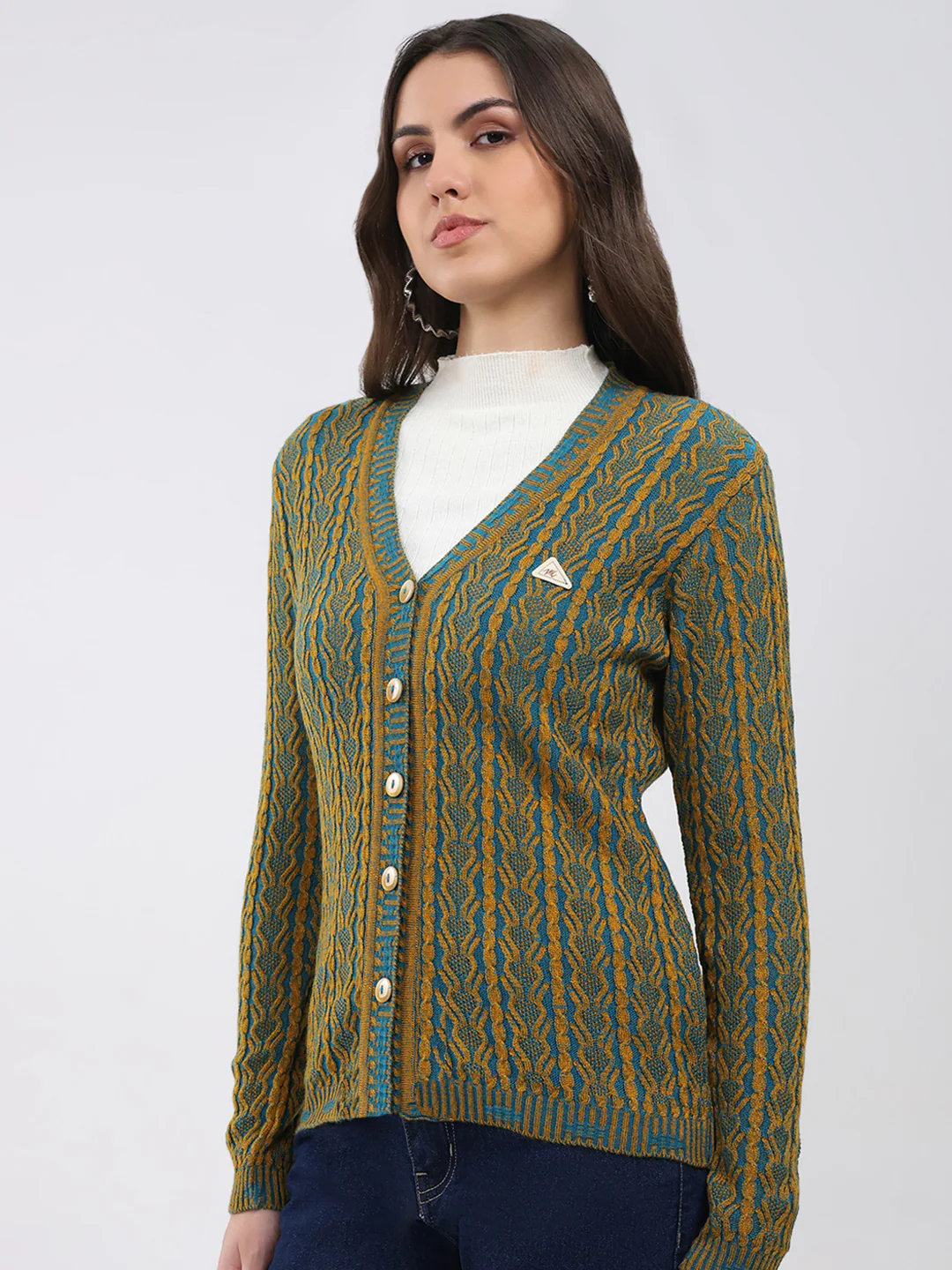 Women Mustard Self Design V Neck Full Sleeve Cardigan - Image 3