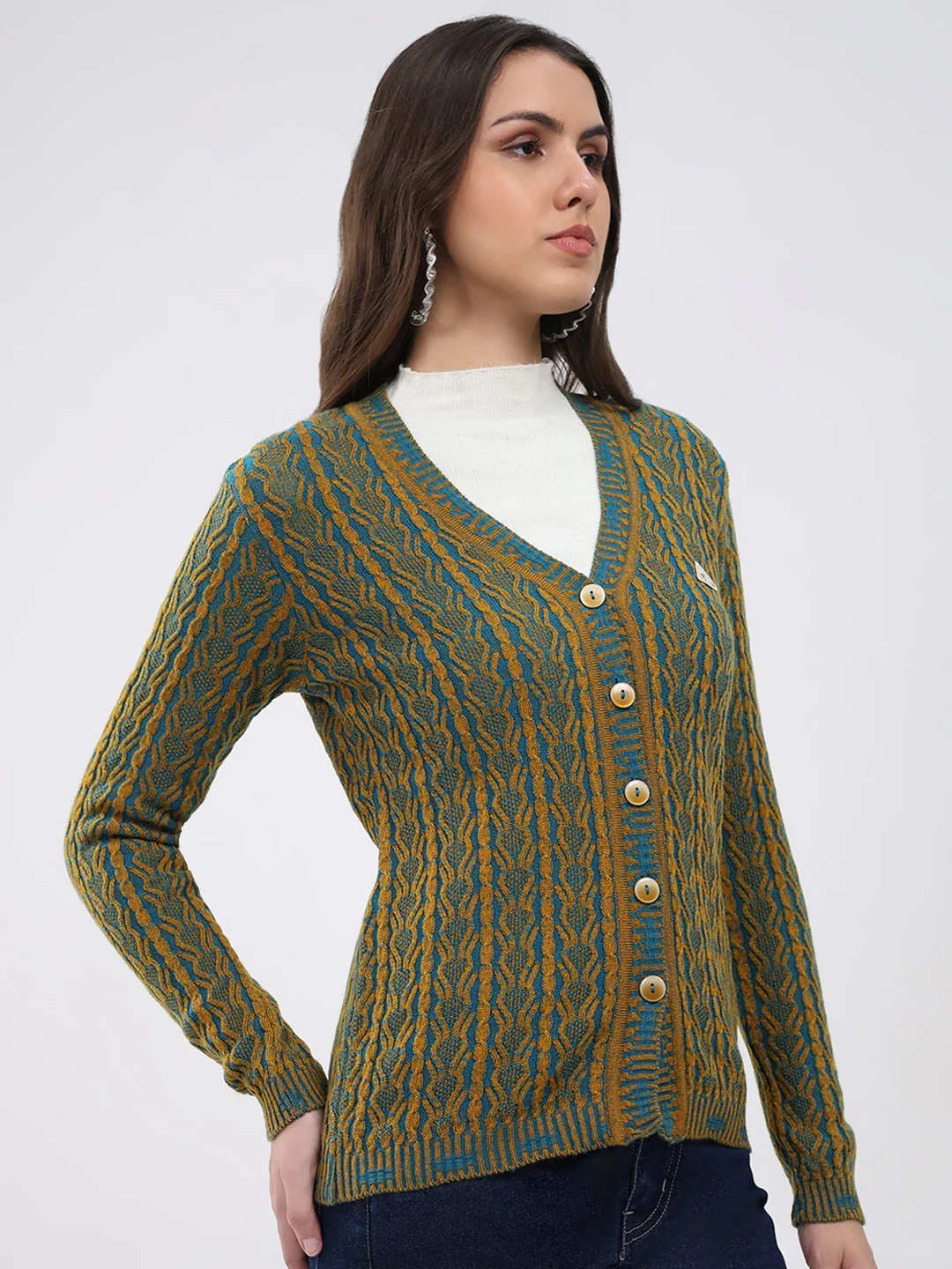 Women Mustard Self Design V Neck Full Sleeve Cardigan - Image 4