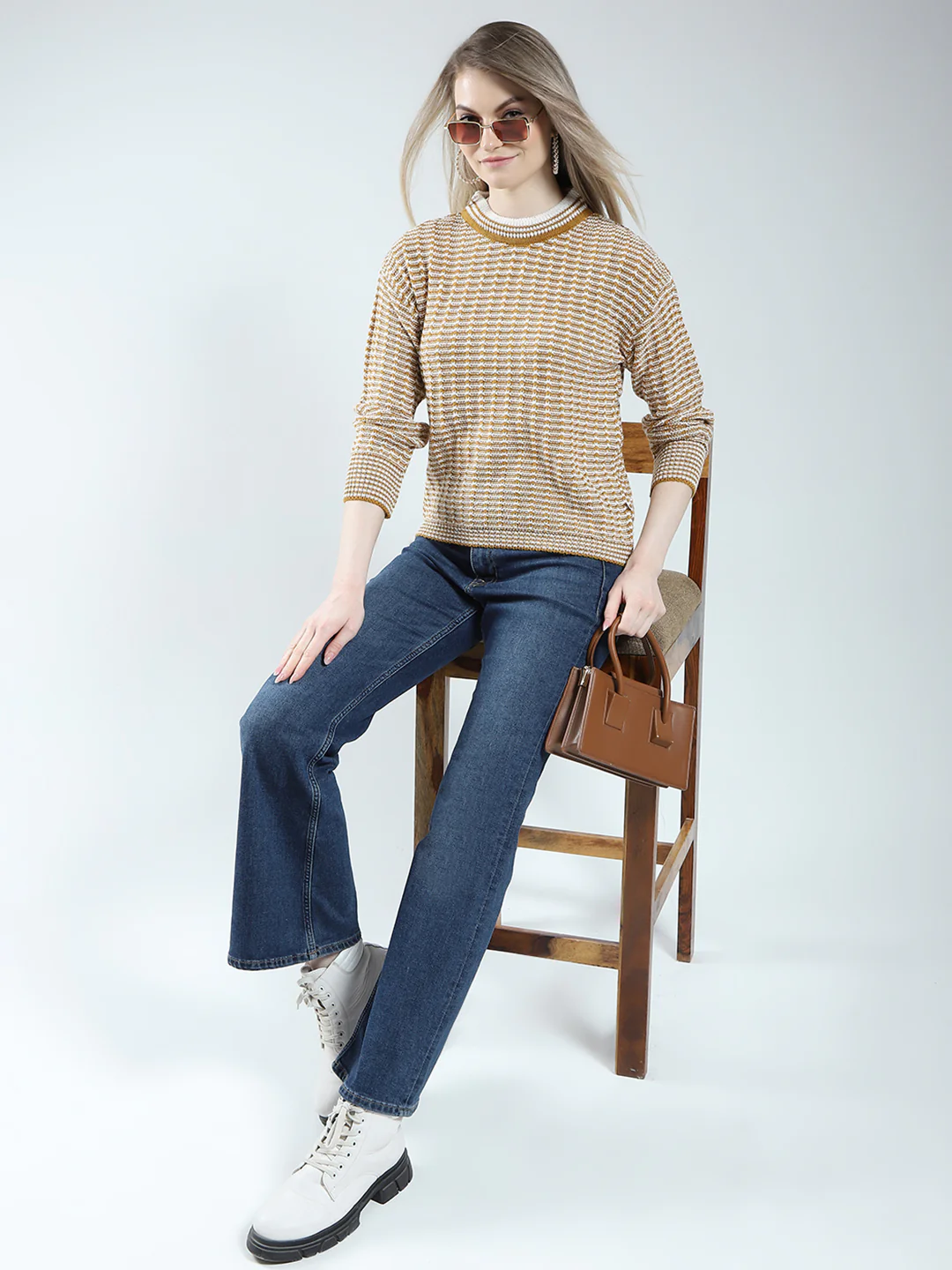 Women Mustard Self Design Round Neck Full Sleeve Winter Top - Image 2