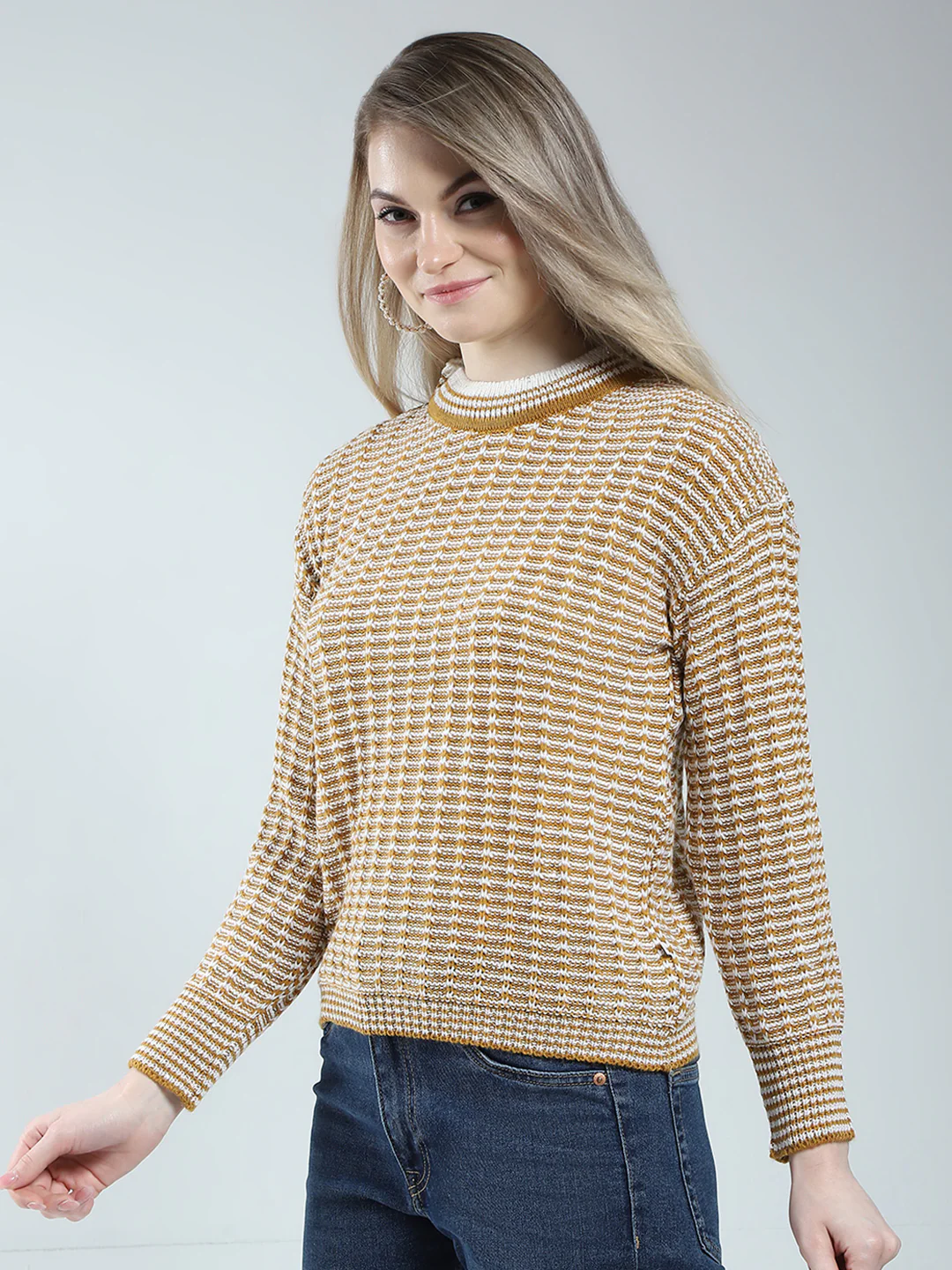 Women Mustard Self Design Round Neck Full Sleeve Winter Top - Image 3