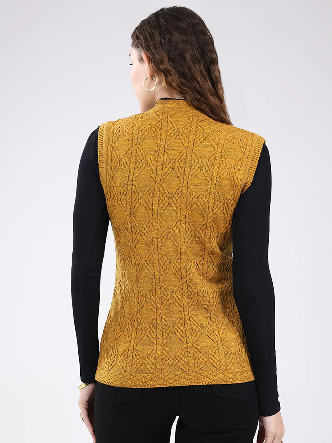 Women Mustard Self Design V Neck Sleeveless Cardigan - Image 5