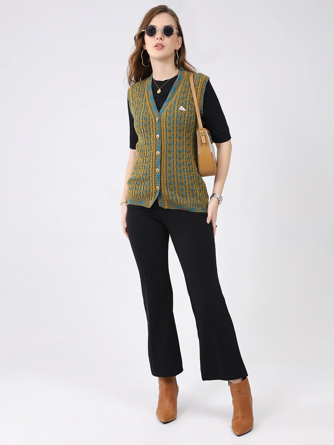 Women Mustard Self Design V Neck Sleeveless Cardigan - Image 2