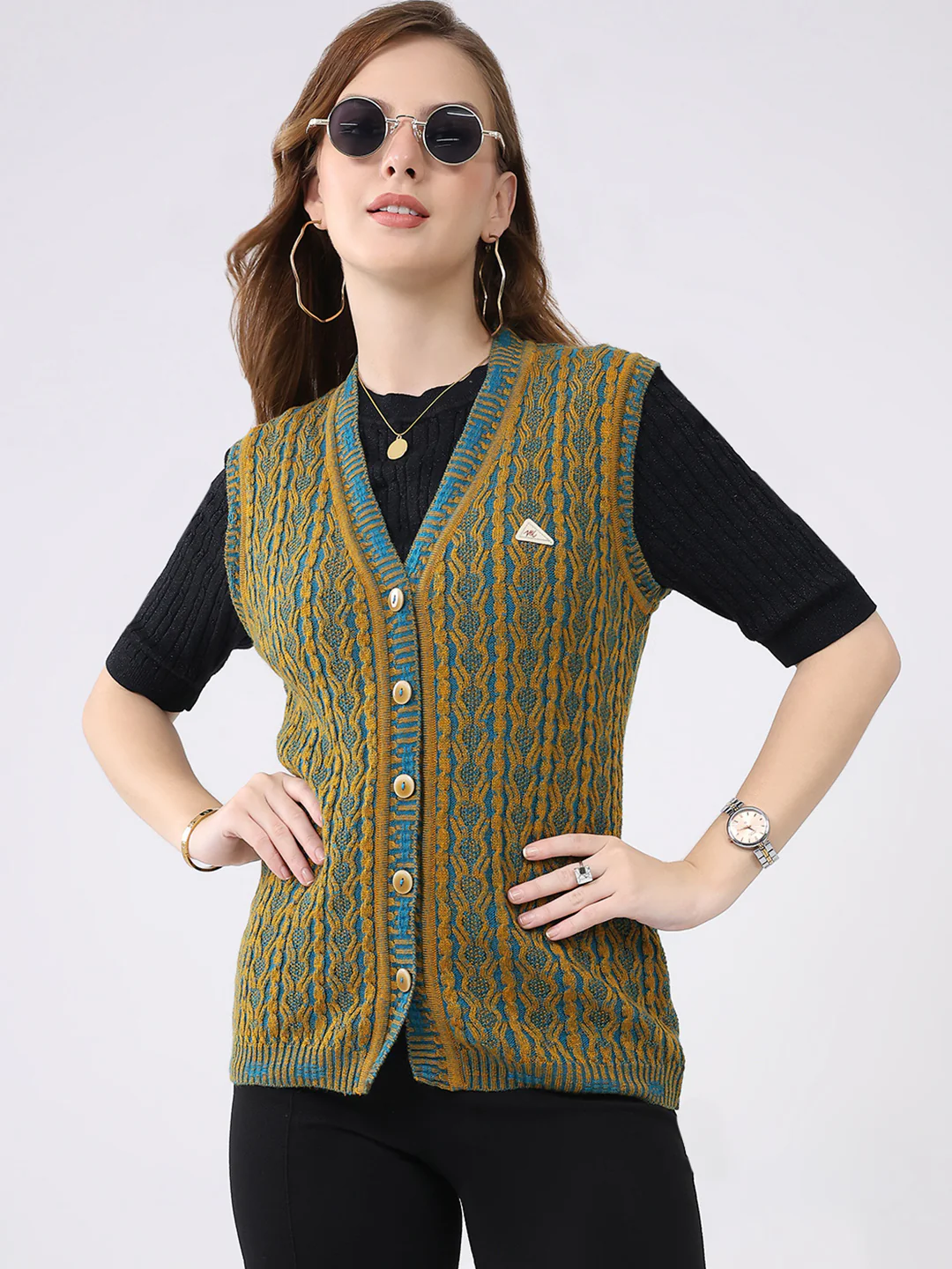 Women Mustard Self Design V Neck Sleeveless Cardigan - Image 6