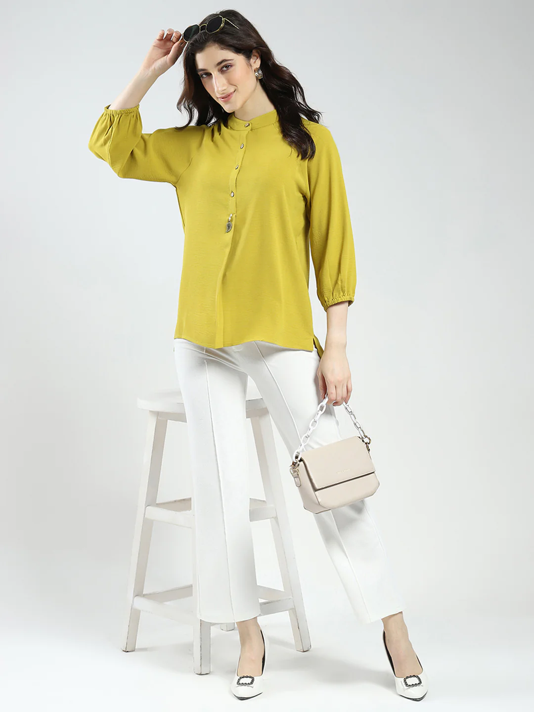 Women Mustard Solid Band Neck 3/4th Sleeve Top - Image 2