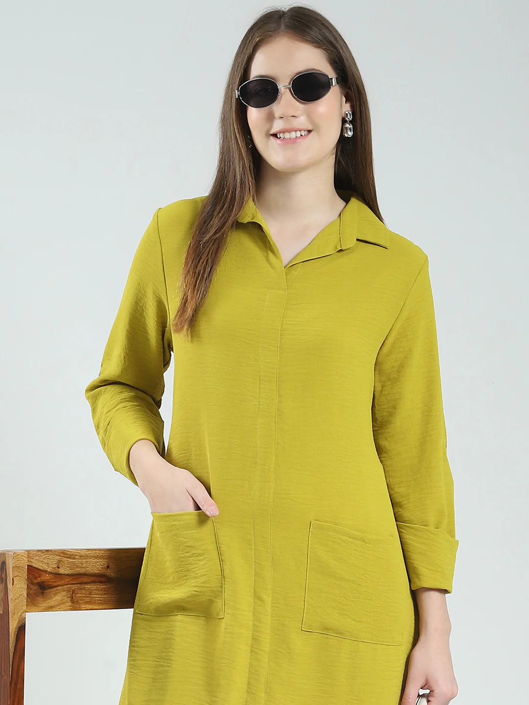 Women Mustard Solid Collar 3/4th Sleeve Tunic - Image 6