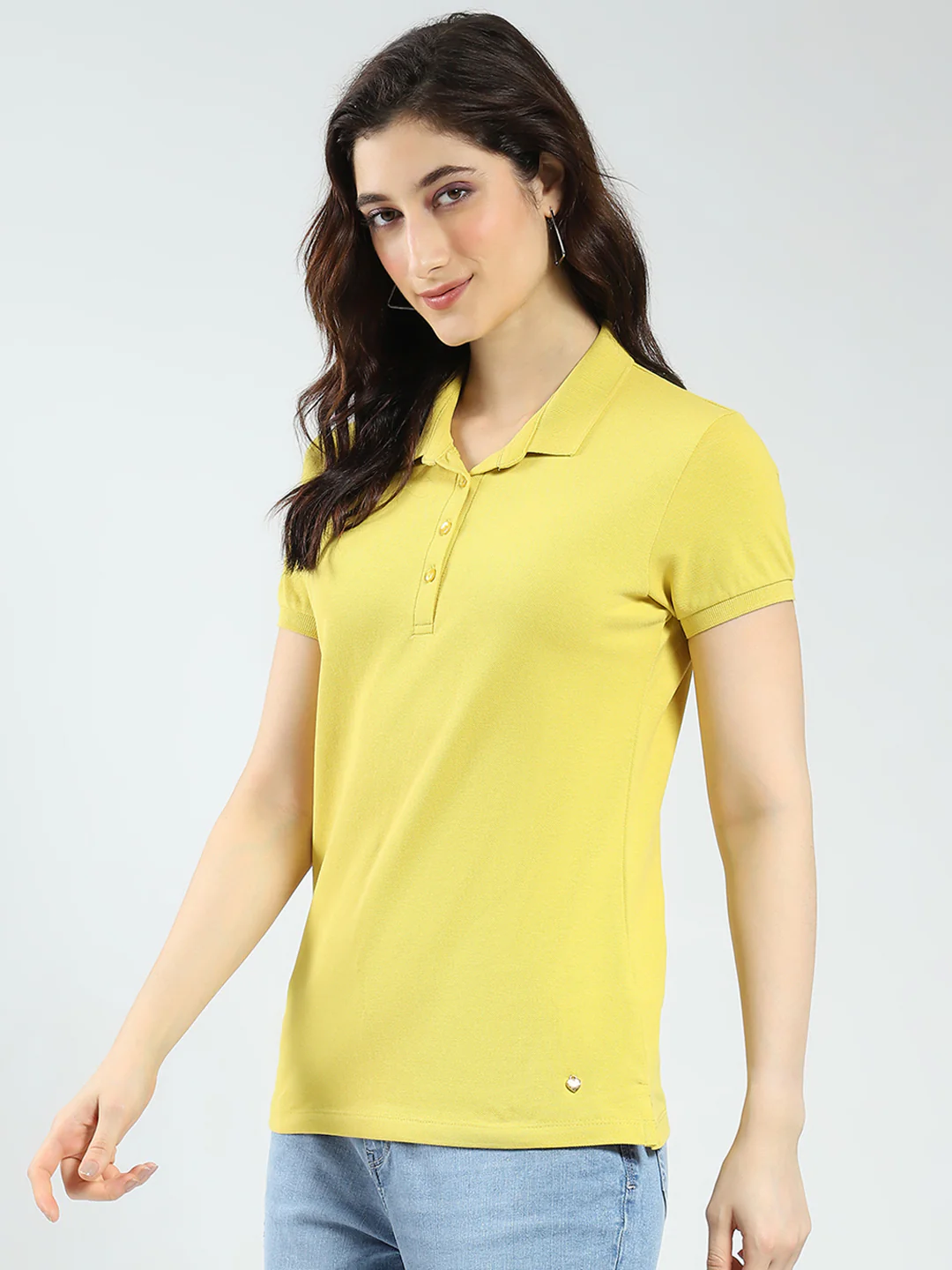 Women Mustard Solid Collar Half Sleeve T-Shirt - Image 3