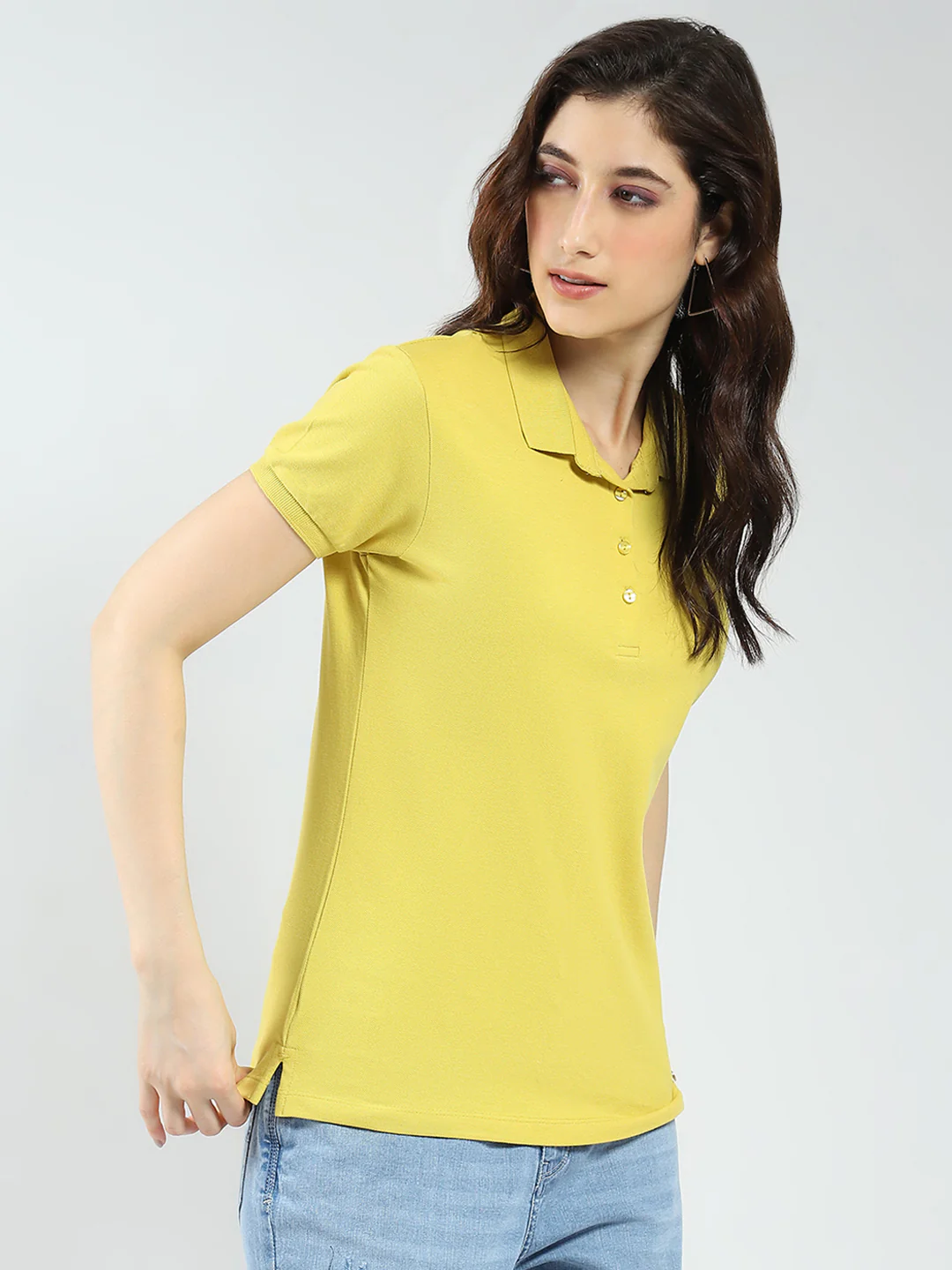 Women Mustard Solid Collar Half Sleeve T-Shirt - Image 4