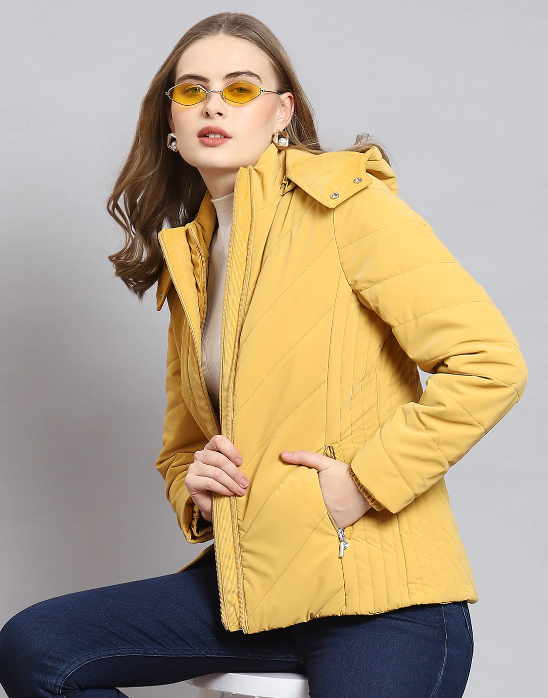 Women Mustard Solid Hooded Full Sleeve Jacket - Image 6