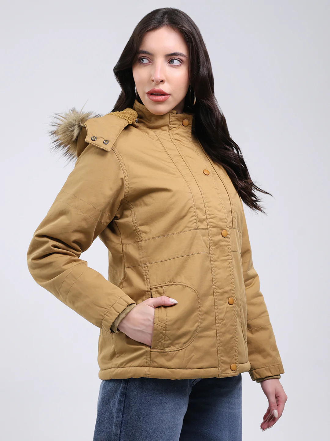 Women Mustard Solid Hooded Full Sleeve Jacket - Image 4