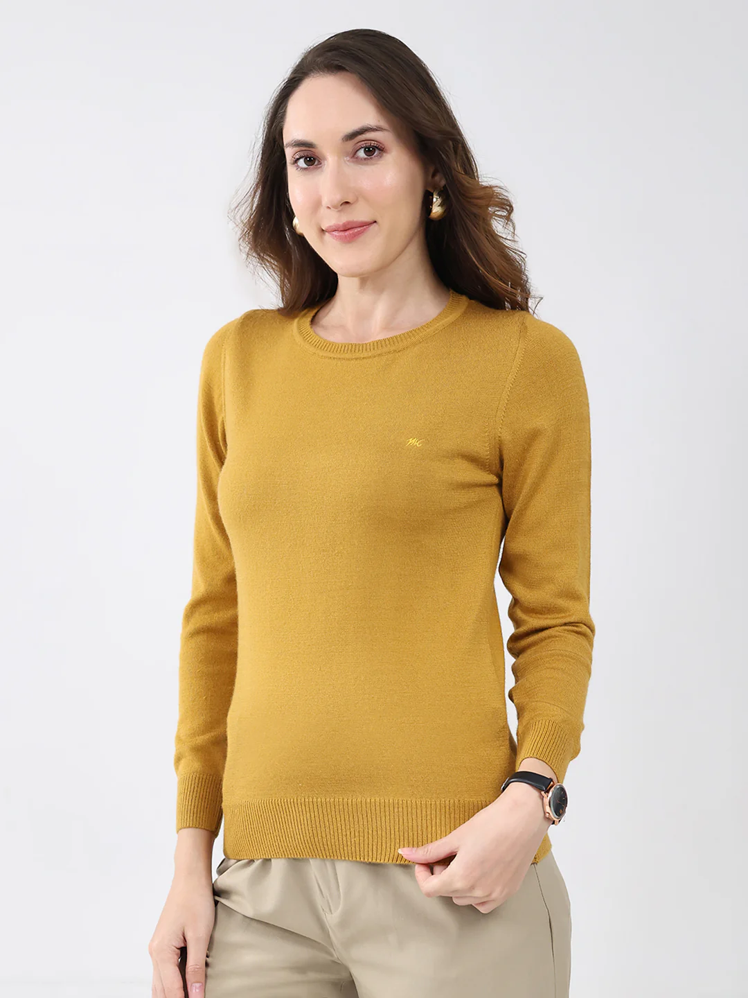 Women Mustard Solid Round Neck Full Sleeve Winter Top - Image 3