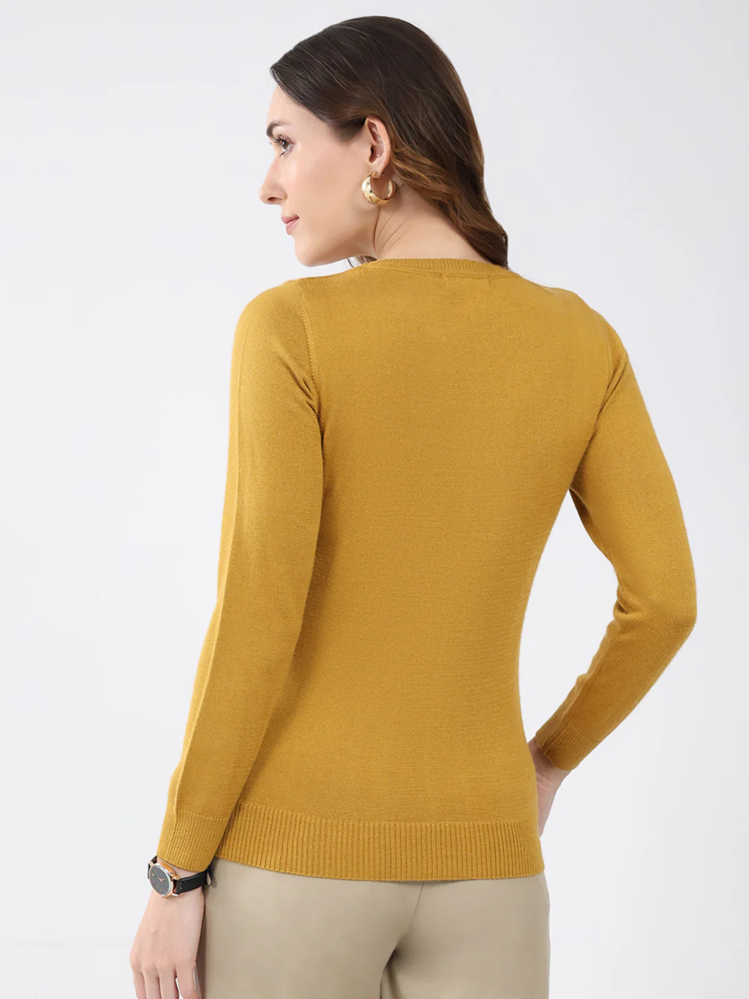 Women Mustard Solid Round Neck Full Sleeve Winter Top - Image 5