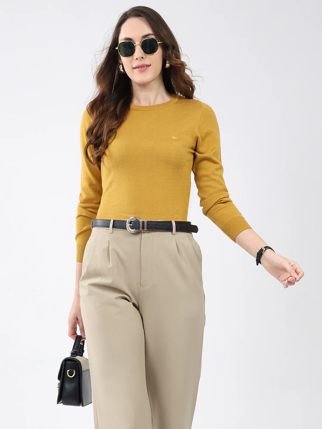 Women Mustard Solid Round Neck Full Sleeve Winter Top - Image 6