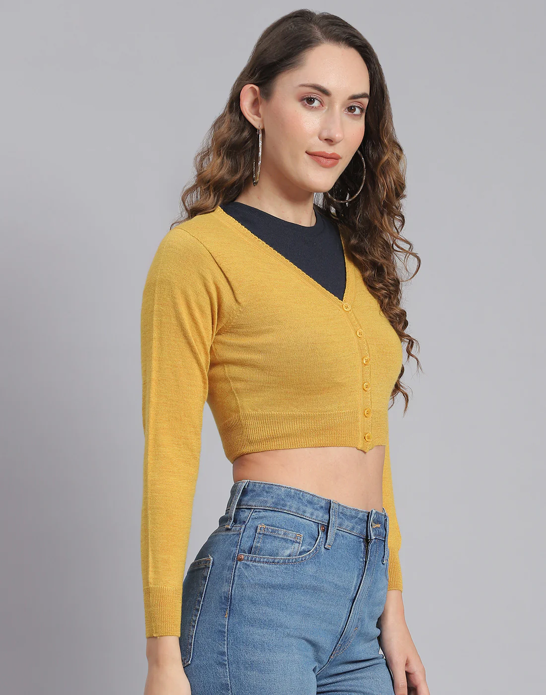 Women Mustard Solid V Neck Full Sleeve Blouse - Image 4