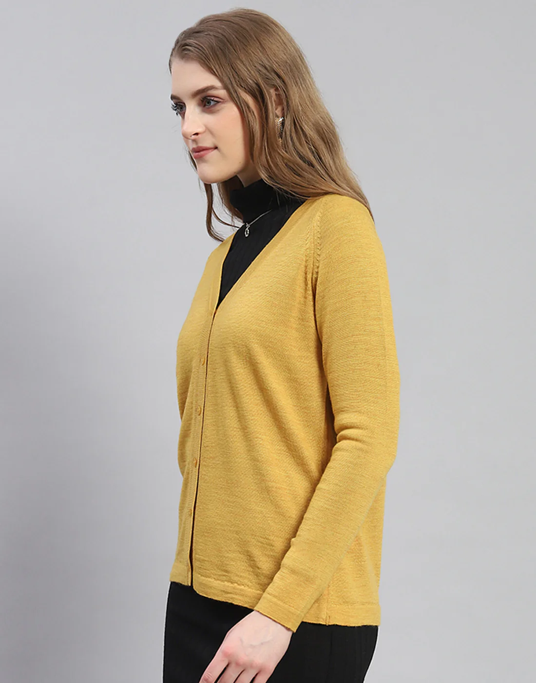 Women Mustard Solid V Neck Full Sleeve Cardigan - Image 3