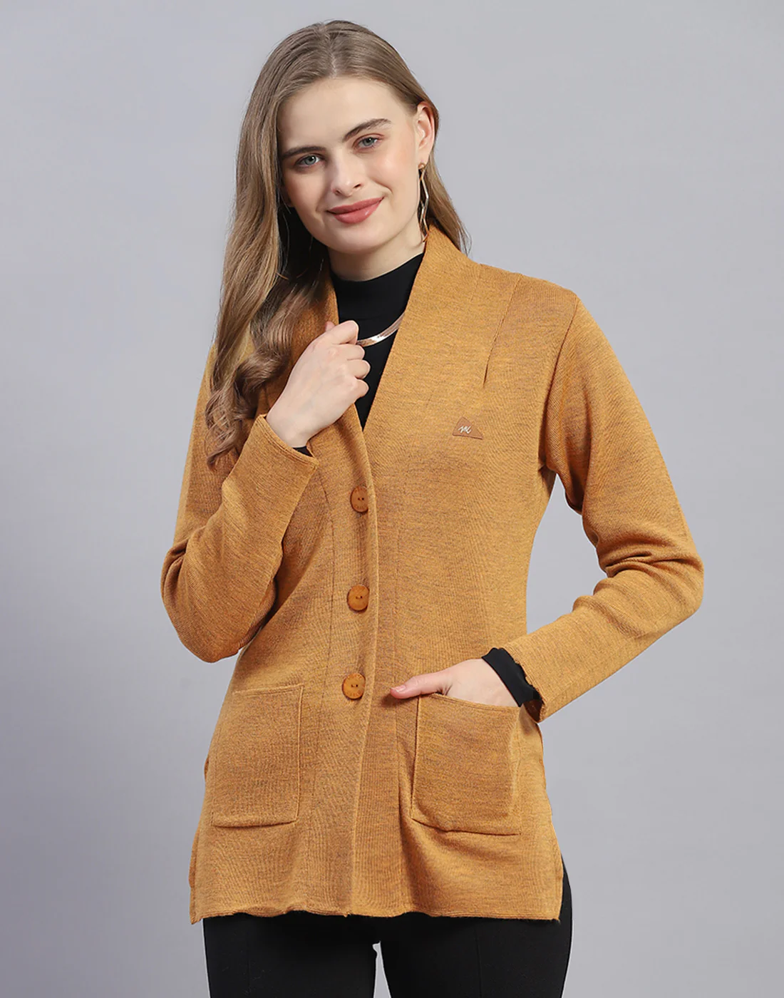 Women Mustard Solid V Neck Full Sleeve Cardigan - Image 3