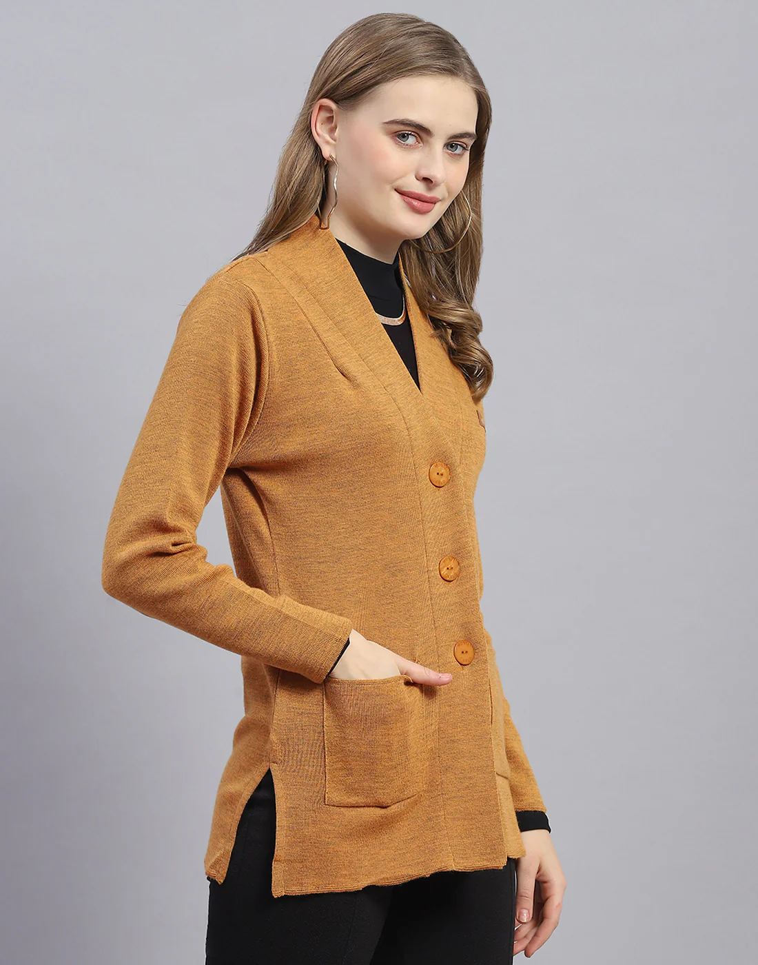 Women Mustard Solid V Neck Full Sleeve Cardigan - Image 5