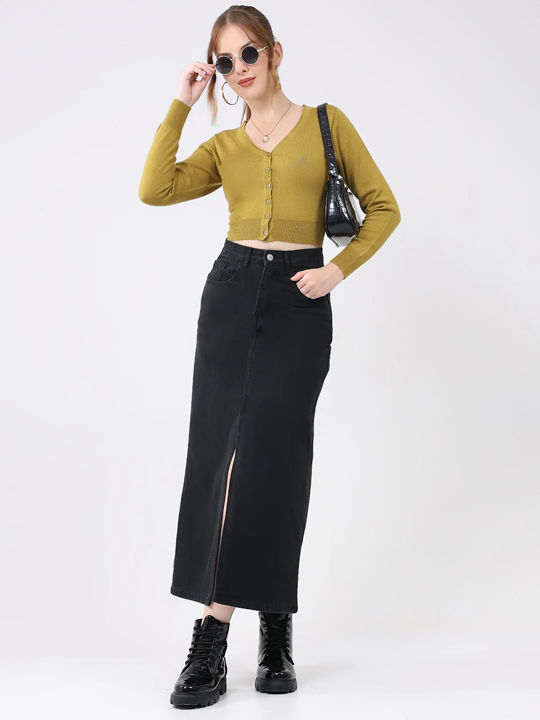 Women Mustard Solid V Neck Full Sleeve Cardigan - Image 2