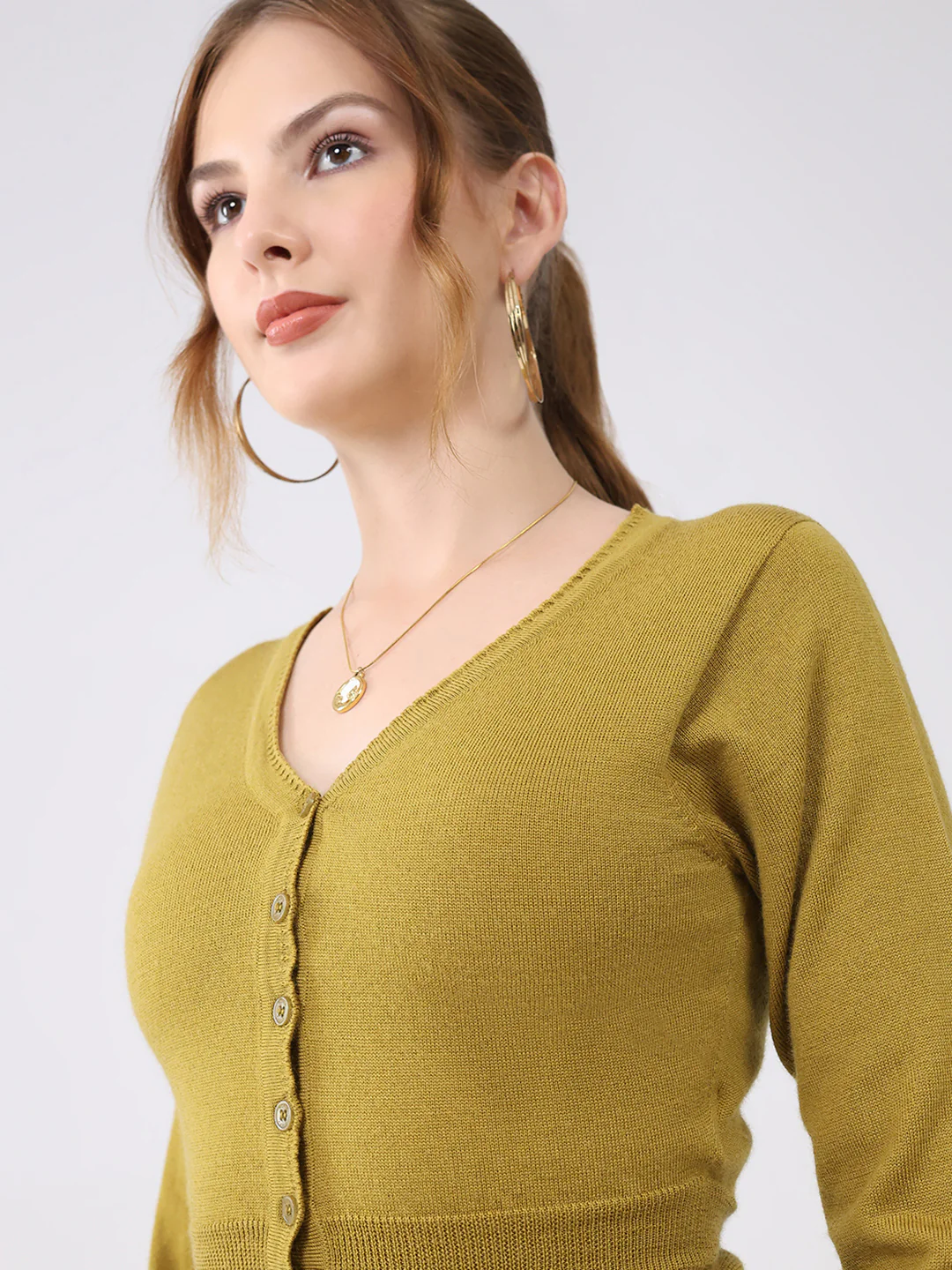 Women Mustard Solid V Neck Full Sleeve Cardigan - Image 6