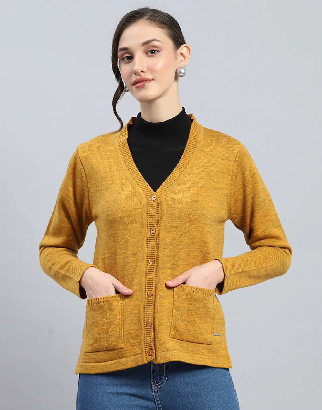 Women Mustard Solid V Neck Full Sleeve Cardigan - Image 2