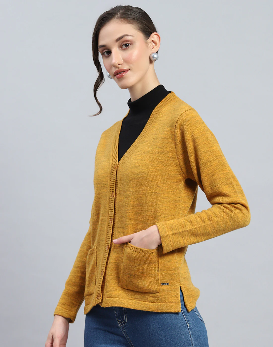 Women Mustard Solid V Neck Full Sleeve Cardigan - Image 3
