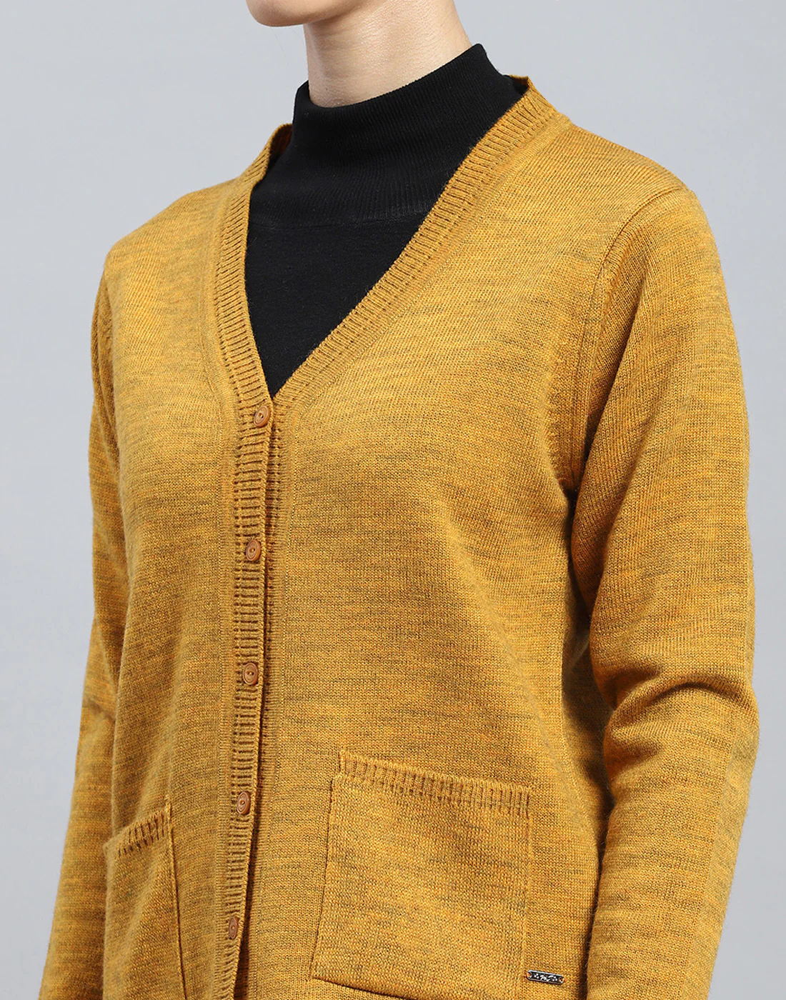 Women Mustard Solid V Neck Full Sleeve Cardigan - Image 8