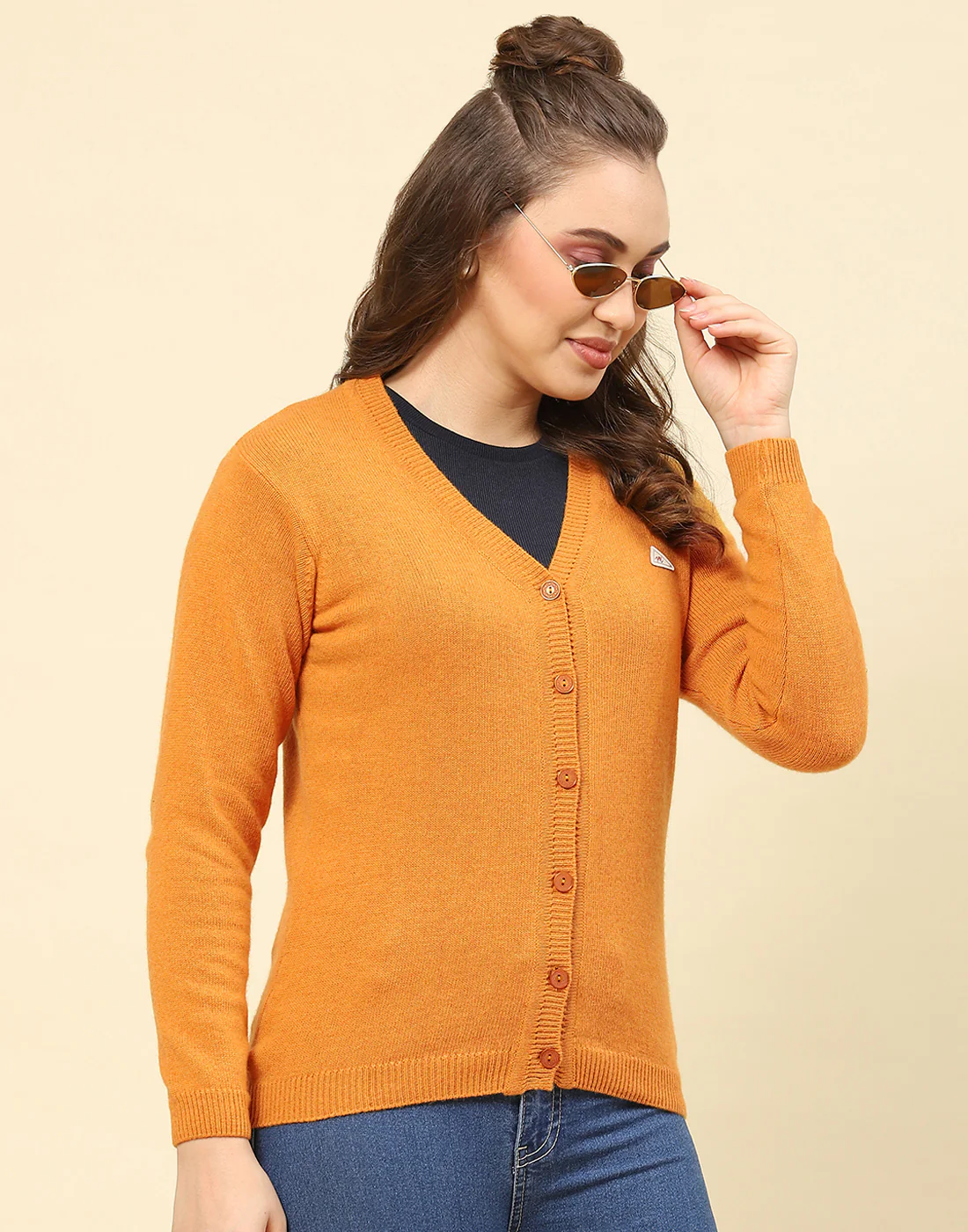Women Mustard Solid V Neck Full Sleeve Cardigan - Image 4