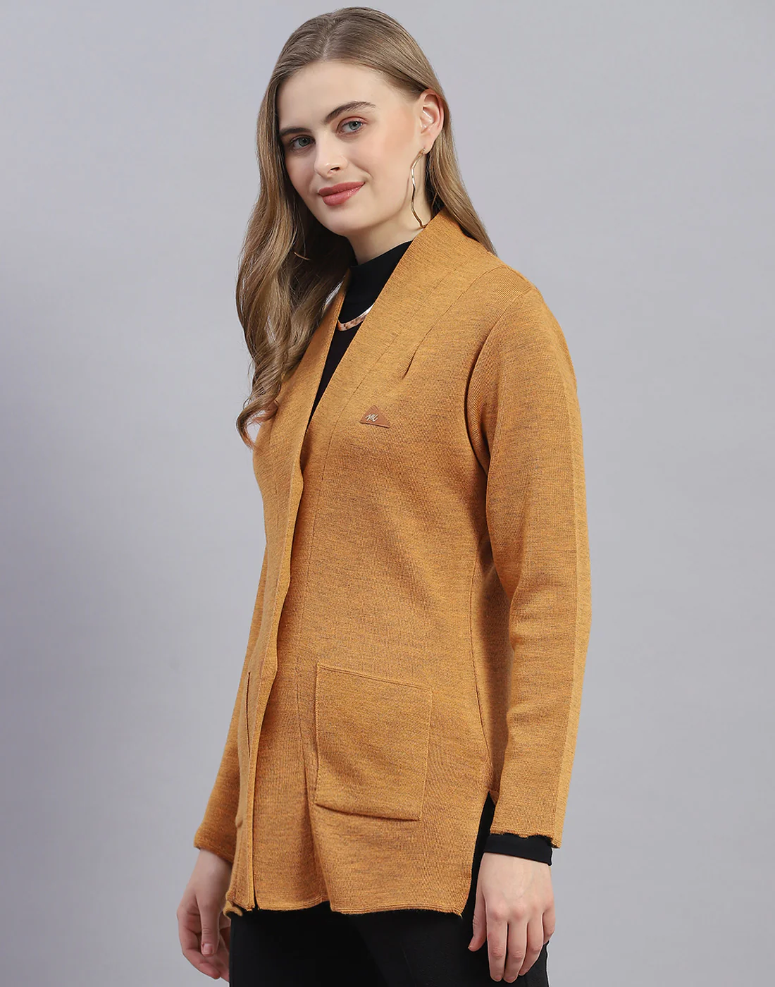 Women Mustard Solid V Neck Full Sleeve Cardigan - Image 3