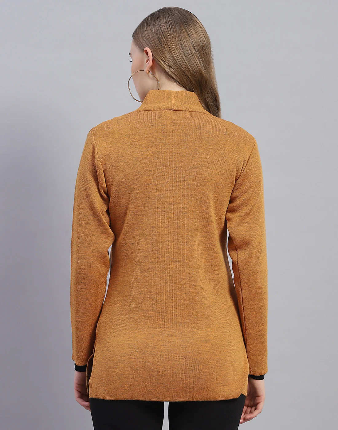 Women Mustard Solid V Neck Full Sleeve Cardigan - Image 5