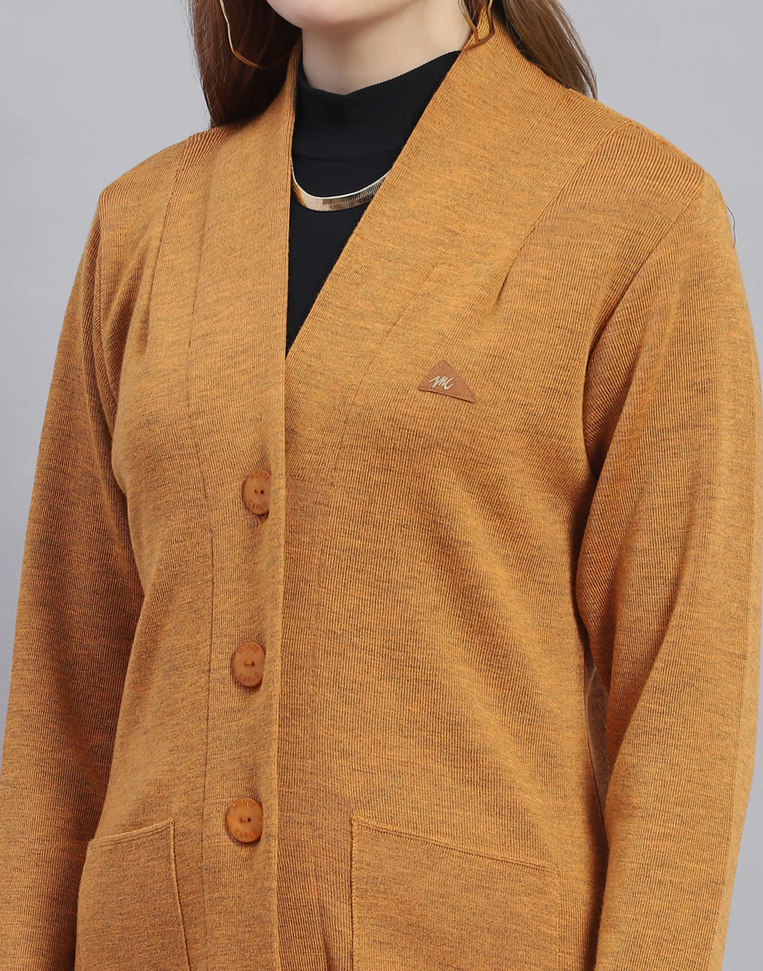 Women Mustard Solid V Neck Full Sleeve Cardigan - Image 7