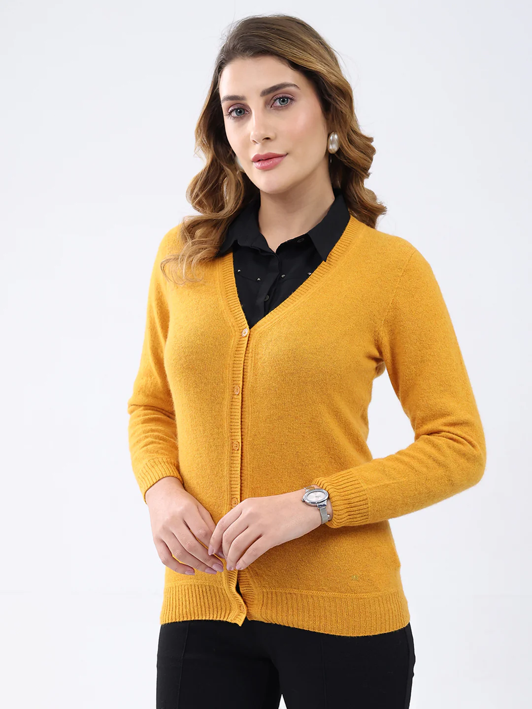 Women Mustard Solid V Neck Full Sleeve Cardigan - Image 3