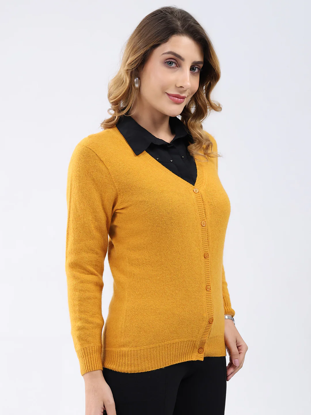 Women Mustard Solid V Neck Full Sleeve Cardigan - Image 4