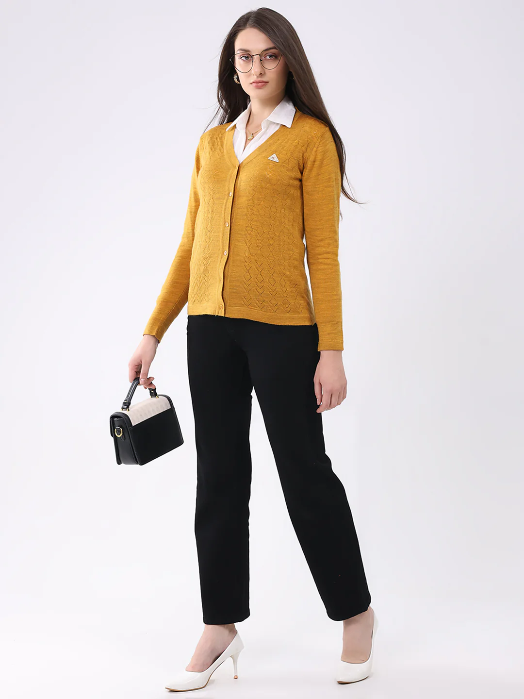 Women Mustard Solid V Neck Full Sleeve Cardigan - Image 2