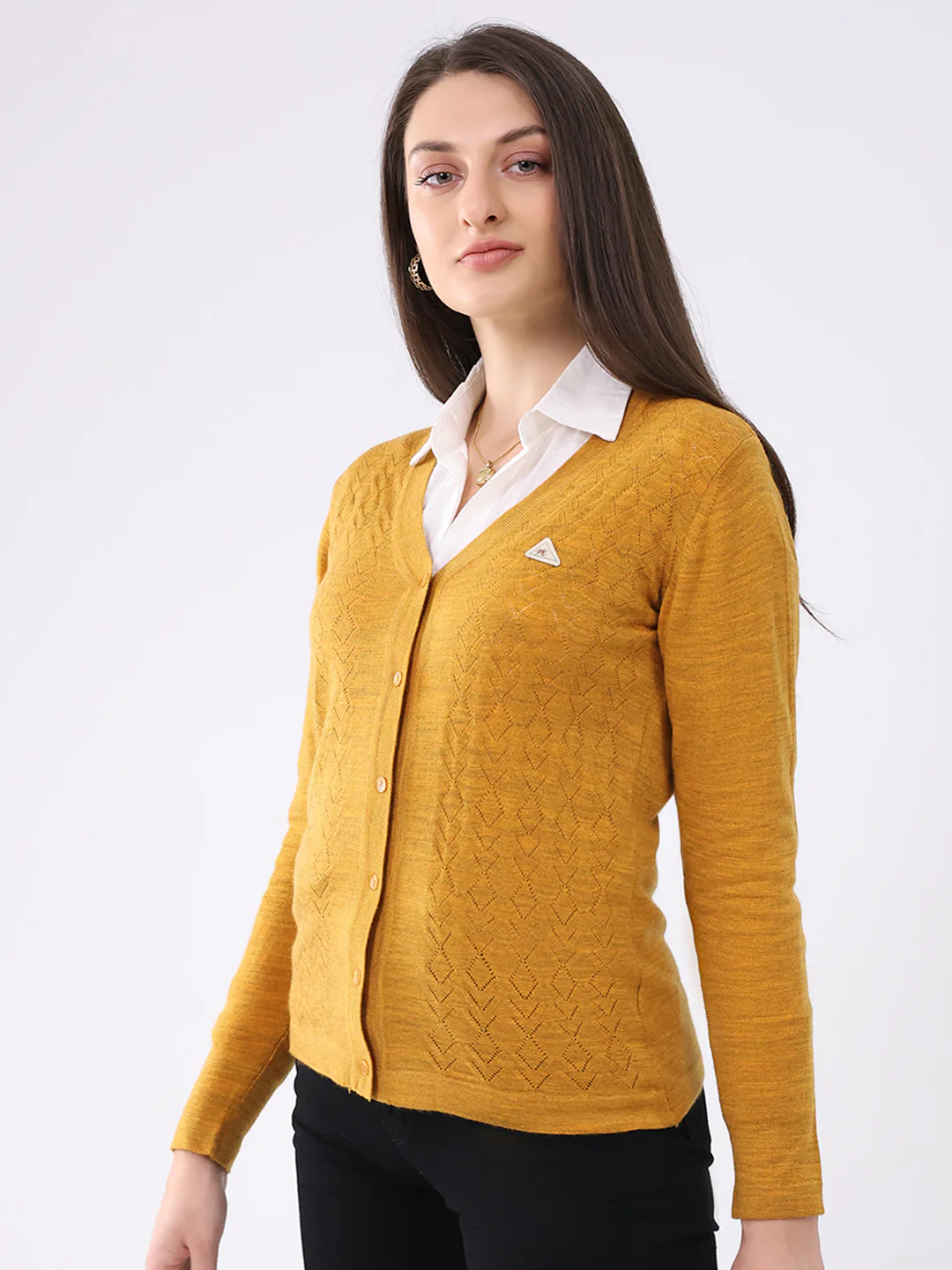 Women Mustard Solid V Neck Full Sleeve Cardigan - Image 3