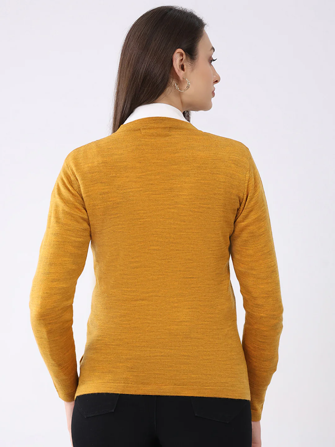 Women Mustard Solid V Neck Full Sleeve Cardigan - Image 5