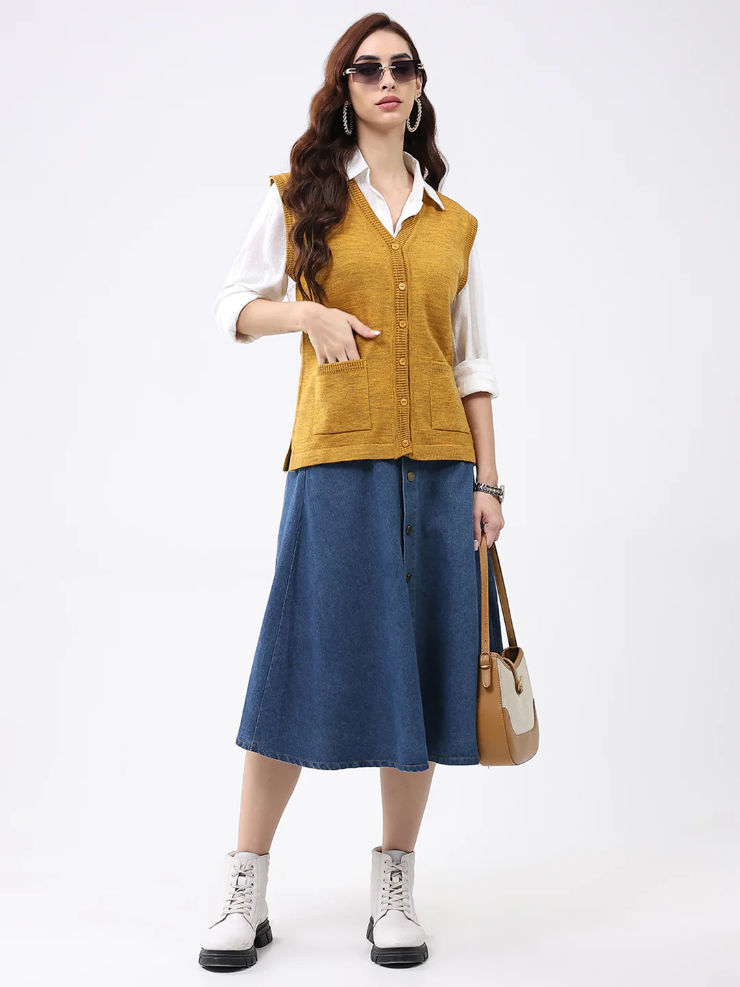 Women Mustard Solid V Neck Sleeveless Cardigan - Image 2