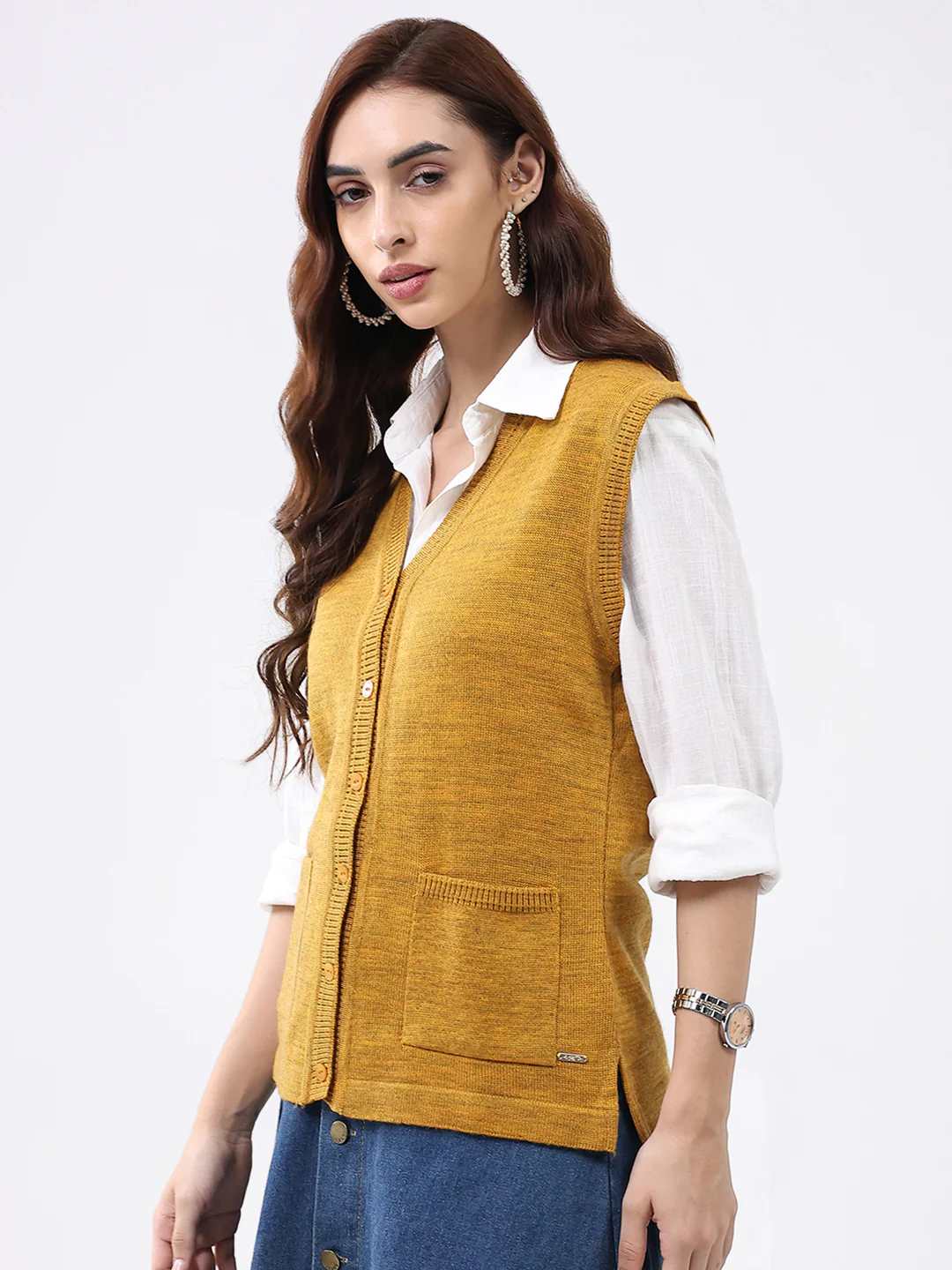 Women Mustard Solid V Neck Sleeveless Cardigan - Image 3