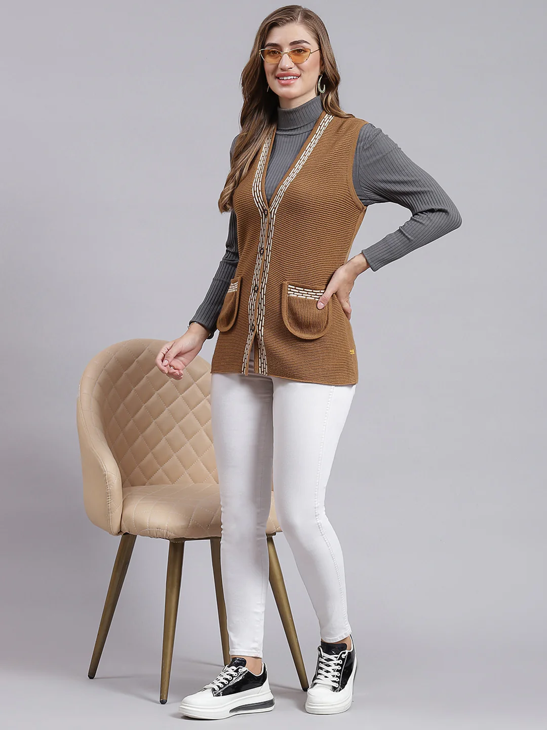 Women Mustard Solid Wool blend Cardigan - Image 2